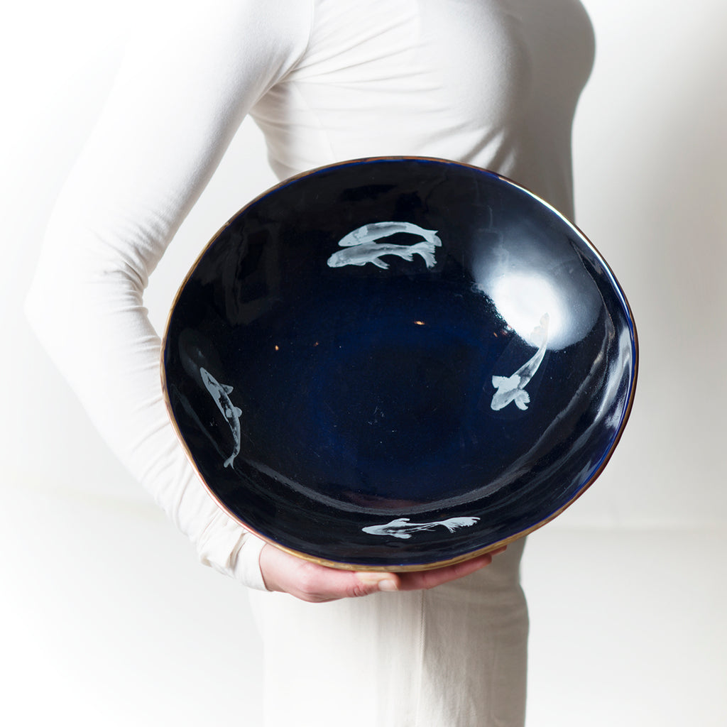 Cobalt blue salad bowl with Koi fish