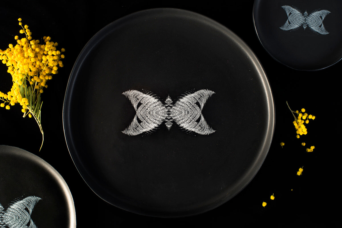 Butterfly design large plate - black handmade ceramics