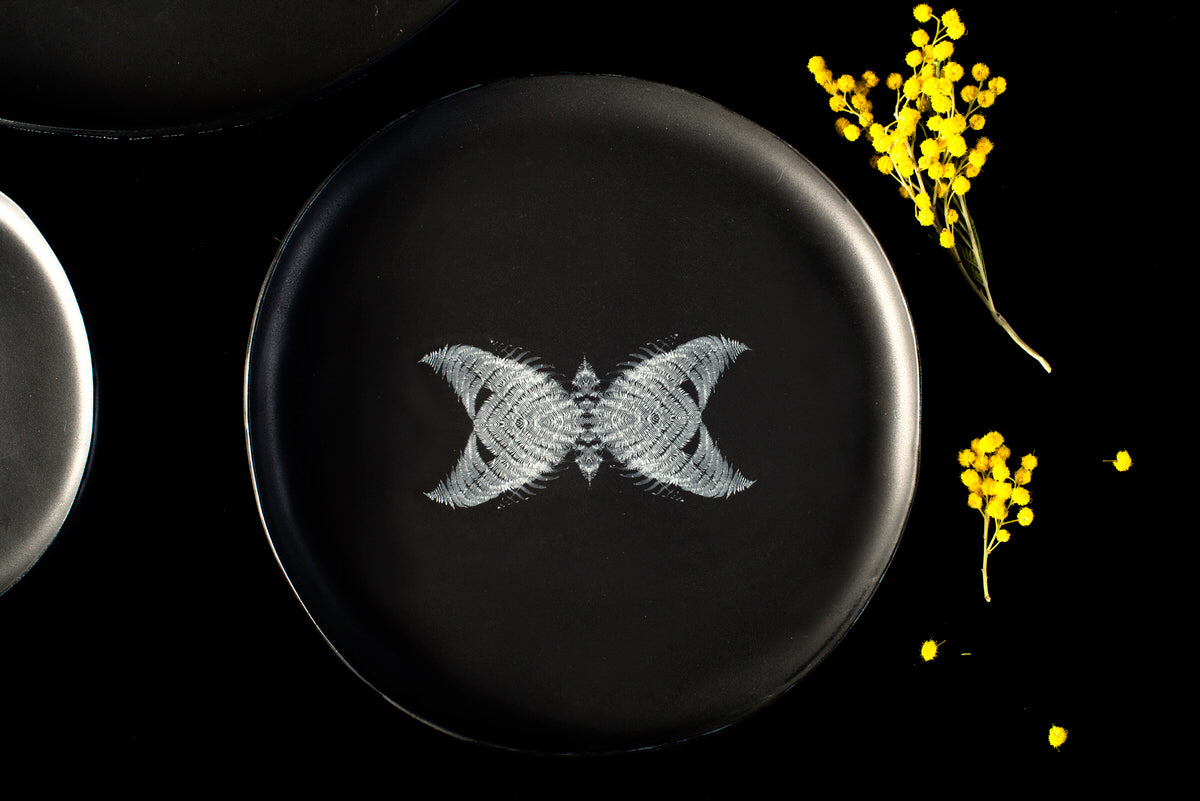 Butterfly design medium plate - black handmade ceramics