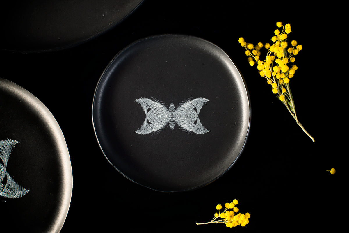 Butterfly design small plate - black handmade ceramics